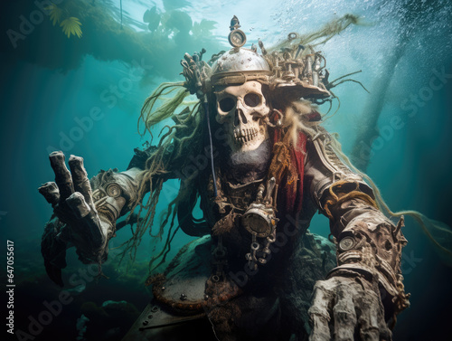 Underwater view of a weathered, battle-scarred skeleton adorned as pirate king beside treasure