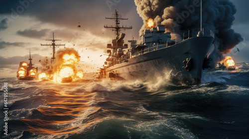 Fotografering War in the open ocean, marked by battleships, fire, and intense naval operations