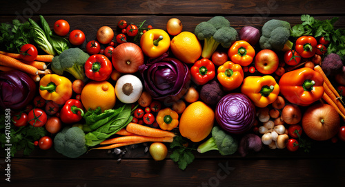 4K vegetables on a wooden tabletop covering the table. Direct top view for wallpaper. both cut halves and leaves seen. Food table, kitchen table, healthy fresh food. Food Photography. 16:9 wide