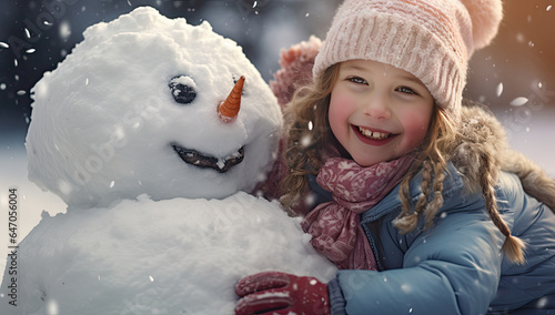 Kinder bauen einen Schneemann während es schneit photo