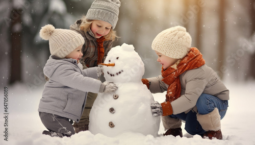 Kinder bauen einen Schneemann während es schneit photo