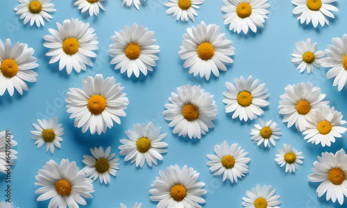 Daisy pattern. Flat lay spring and summer chamomile flowers on a blue background. Repetition concept. Top view. AI generative.