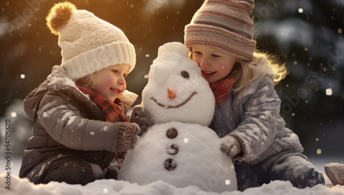 Kinder bauen einen Schneemann während es schneit