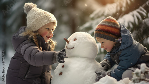 Kinder bauen einen Schneemann während es schneit photo