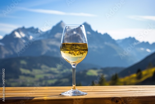 A glass of white wine in front of a mountain range like the Alps