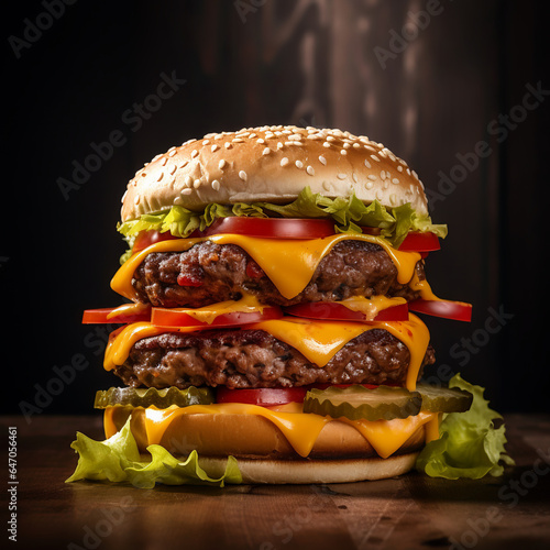 A double layer cheeseburger with a pile of delicious meat photo