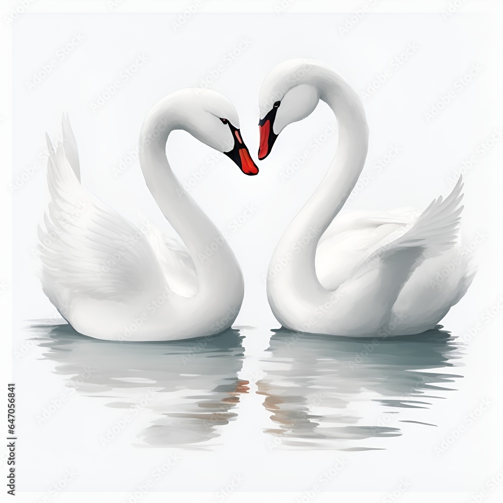 Fototapeta premium illustration of two beautiful swans in love going for a kiss, valentine day concept