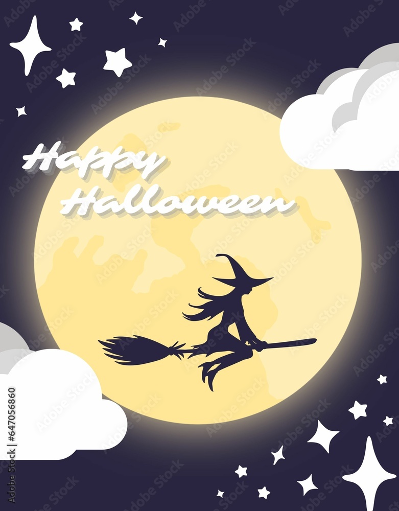 Flying Witch on a Broom under a Yello Full Moon in a Starry Night Sky with Clouds Card Poster Design Flying Witch on a Broom under a Yello Full Moon in a Starry Night Sky with Clouds Card Poster Design