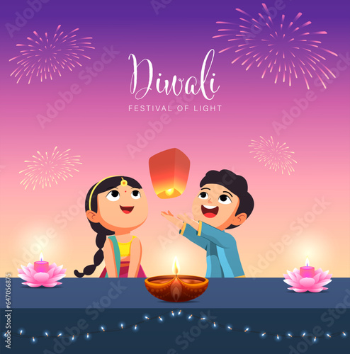 Happy Diwali Poster with Indian Kids Flying Lanterns Vector Illustration. Indian festival of lights Design. Suitable for Greeting Card, Banner, Flyer, Template. 
