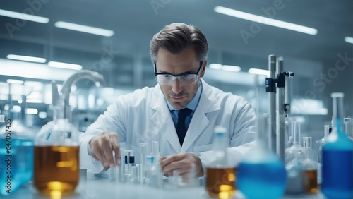a scientist in a laboratory, meticulously analyzing a blue substance in a beaker