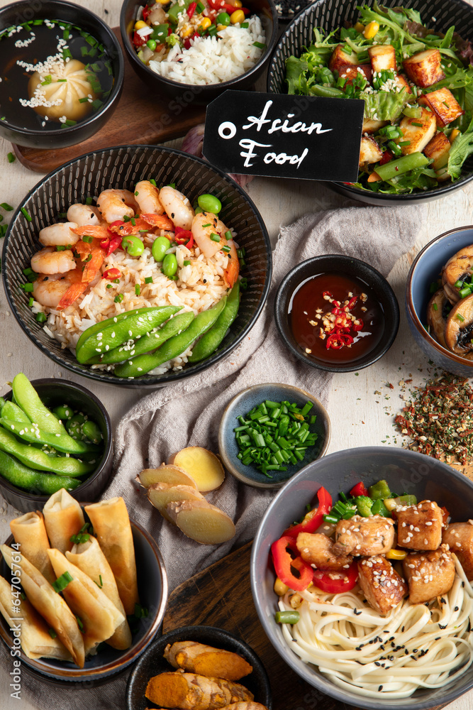 Asian food background with various ingredients on white background , top view. Asian food background with various ingredients on white background , top view.