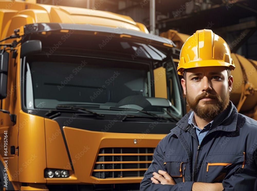 portrait of a truck driver worker in a helmet portrait of a truck driver worker in a helmet