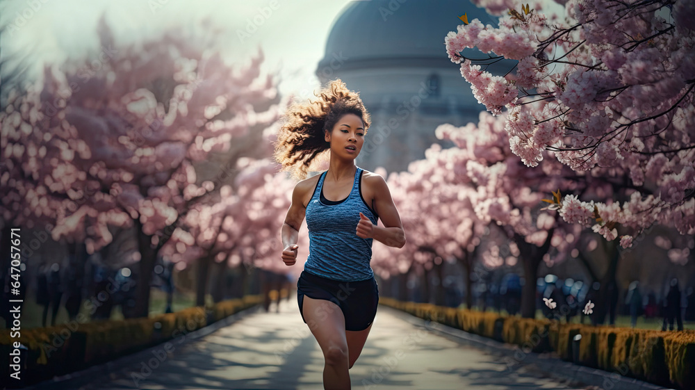 Asian woman running in a cherry blossom park - obrazy, fototapety, plakaty 