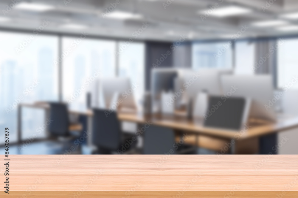 Wooden board empty table background. Blurring the Background in a Modern Office Interior Wooden board empty table background. Blurring the Background in a Modern Office Interior