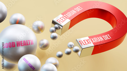 Flexitarian diet which brings Good health. A magnet metaphor in which Flexitarian diet attracts multiple Good health steel balls.,3d illustration