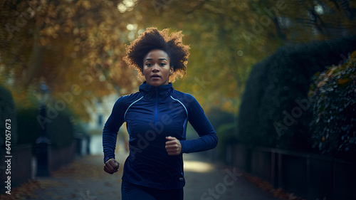 woman running in a park in autumn photo