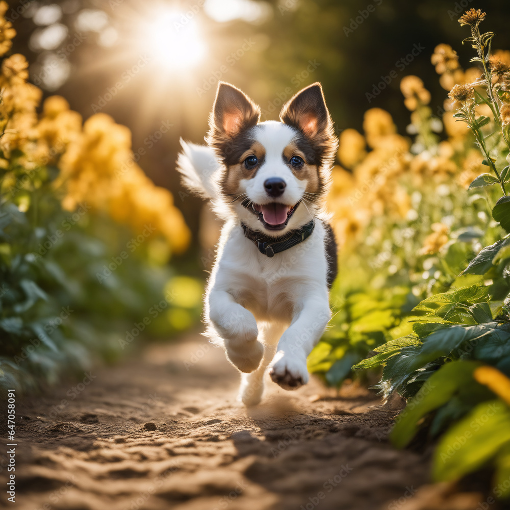 Cute puppy running in the garden at sunset. Cute puppy running in the garden at sunset.