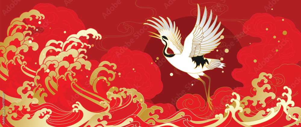 Luxury gold oriental style background vector. Chinese and Japanese oriental line art with golden texture. Wallpaper design with ocean wave red sun and Flamingo. Luxury gold oriental style background vector. Chinese and Japanese oriental line art with golden texture. Wallpaper design with ocean wave red sun and Flamingo.