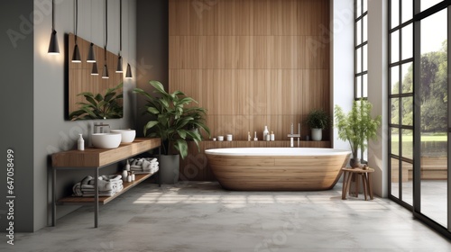 Decorated with wood and greenery, this modern bathroom features a bath tub © ND STOCK