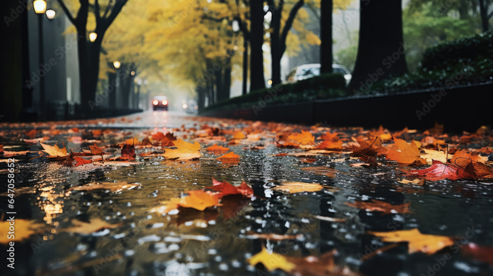 red and yellow leaves lie on a wet road