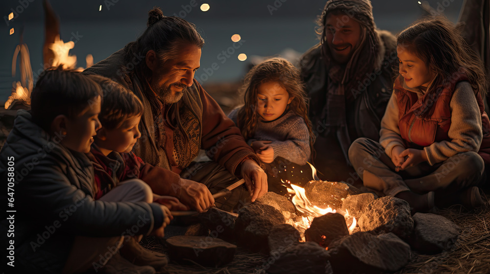 a group of people with children gather around a campfire - obrazy, fototapety, plakaty 