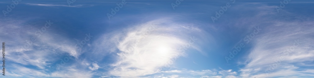 Blue summer 360 panorama of sky with clouds, no ground, in spherical equirectangular format for easy use in 3D graphics and aerial or ground composites, seamless and suitable for sky replacement.