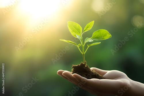 Hand holding young plant on blur green nature background.