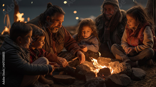 a group of people with children gather around a campfire
