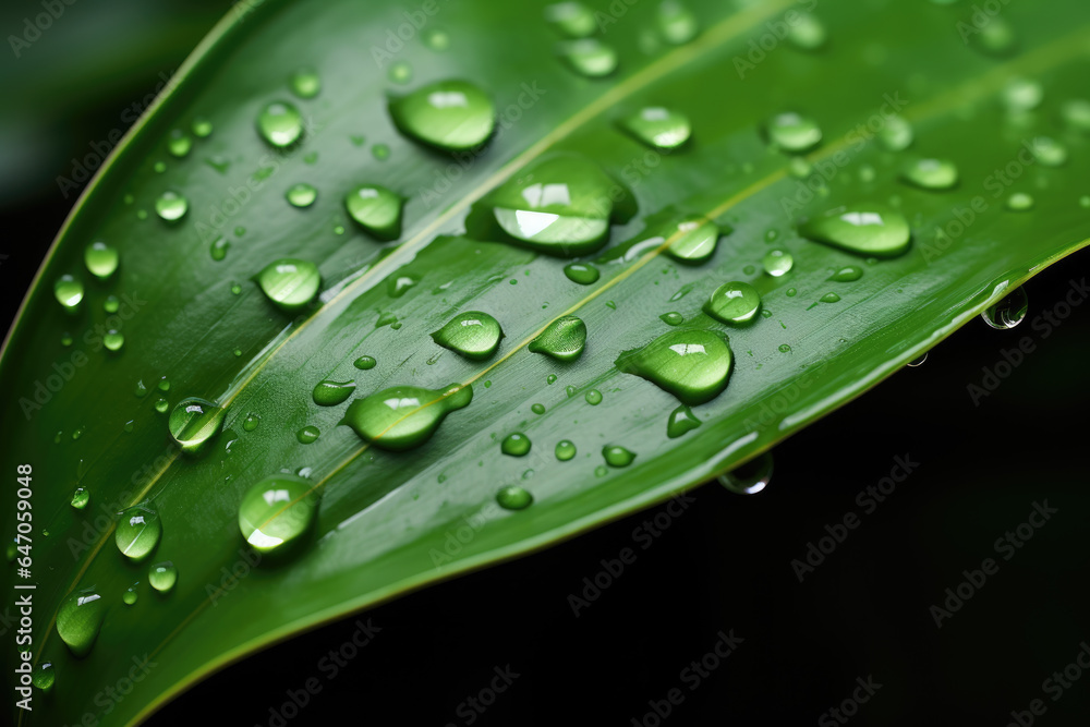 Close-up shot of green leaf with water droplets. This image captures natural beauty and freshness of leaf after rain shower. Perfect for nature-themed projects or as refreshing visual element. Close-up shot of green leaf with water droplets. This image captures natural beauty and freshness of leaf after rain shower. Perfect for nature-themed projects or as refreshing visual element.