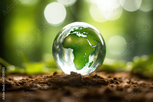 Glass globe sitting on top of pile of dirt. This image can be used to represent concepts such as growth, environment, or exploration.