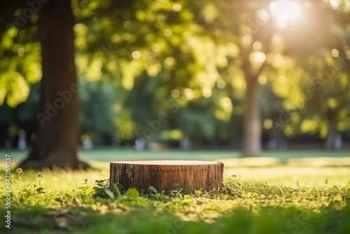 An empty wooden podium against a natural backdrop of morning sunlight, grass, and trees for product presentation. Made with generative AI technology photo
