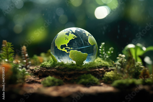Glass globe sitting on top of lush green field. This image can be used to depict concepts such as environmental preservation, global connections, or travel destinations. © vefimov