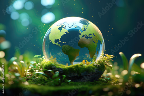 Glass globe is placed on vibrant, green field. This image can be used to depict concepts of nature, environment, conservation, or global connectivity.