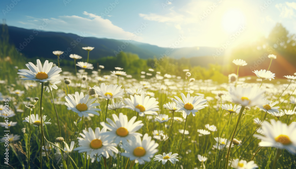 Picturesque field of daisies with sun shining in background. Perfect for nature and summer-themed designs.