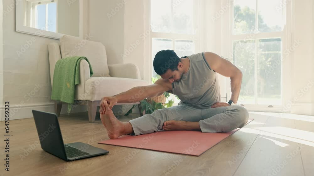 Man, yoga and stretching on computer for home training, fitness and holistic or wellness in virtual class or video streaming. Young person on floor for workout, exercise and muscle health on laptop Man, yoga and stretching on computer for home training, fitness and holistic or wellness in virtual class or video streaming. Young person on floor for workout, exercise and muscle health on laptop