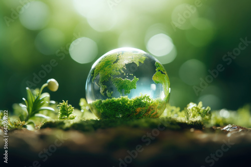 Glass globe is sitting on top of vibrant and lush green field. This image can be used to represent concepts such as sustainability, global perspective, and environmental awareness. #647059222