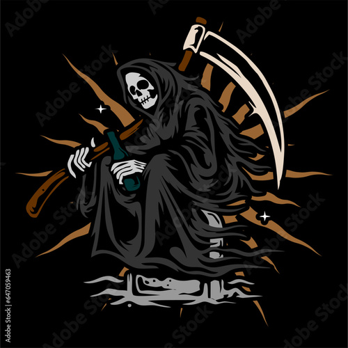 vector illustration of skeleton skull grim reaper sit on tombstone bring beer