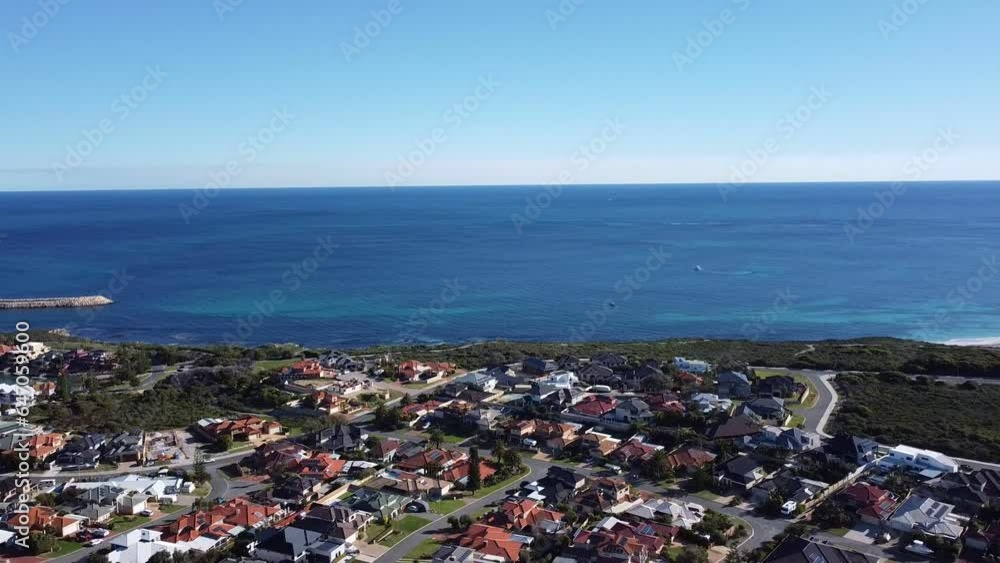 Beautiful View Of Indian Ocean And Coastal Suburb Of Mindarie Perth, Slow Aerial Pull Back Shot Beautiful View Of Indian Ocean And Coastal Suburb Of Mindarie Perth, Slow Aerial Pull Back Shot