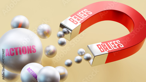 Beliefs which brings Actions. A magnet metaphor in which beliefs attracts multiple parts of actions. Cause and effect relation between beliefs and actions.,3d illustration