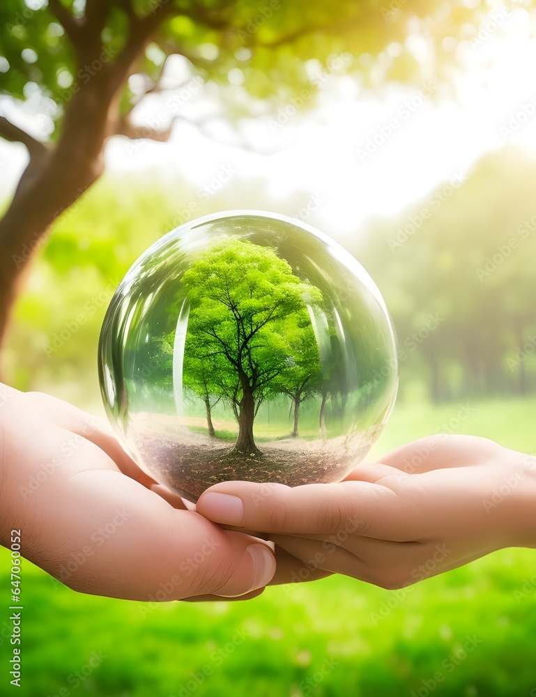Human hand holding glass ball with tree inside
