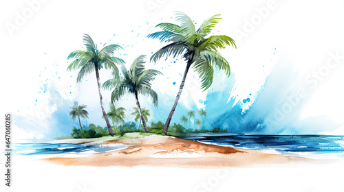 Holiday summer travel vacation illustration - Watercolor painting of palms  palm tree on teh beach with ocean sea