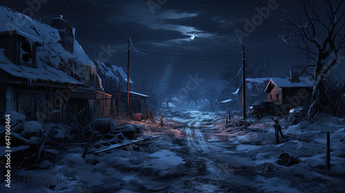 A small village at night in winter