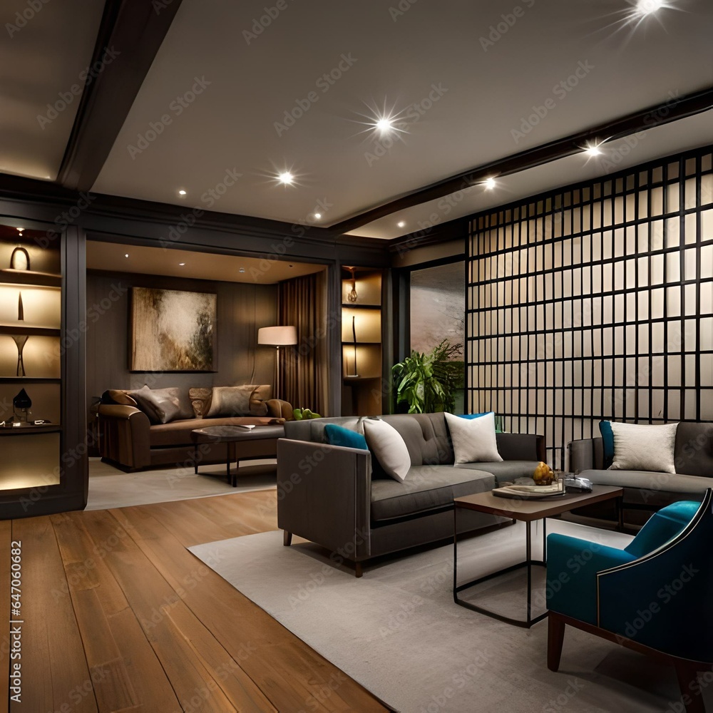 Φωτογραφία recreation party room with bar stairs with glass rails downstairs basement interior room with movie screen large grey sofa bohemian style