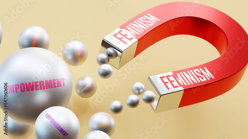 Feminism which brings Empowerment. A magnet metaphor in which feminism attracts multiple parts of empowerment. Cause and effect relation between feminism and empowerment.,3d illustration