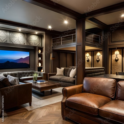 recreation party room with bar stairs with glass rails downstairs basement interior room with movie screen large grey sofa bohemian style.AI generated