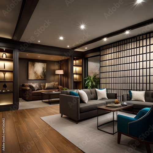 recreation party room with bar stairs with glass rails downstairs basement interior room with movie screen large grey sofa bohemian style.AI generated photo