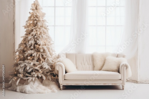 Christmas theme photo in studio, tree, sofa in boho minimalistic style