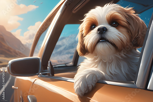 Shih Tzu puppy stick their heads out car windows. Travel dog concept. photo