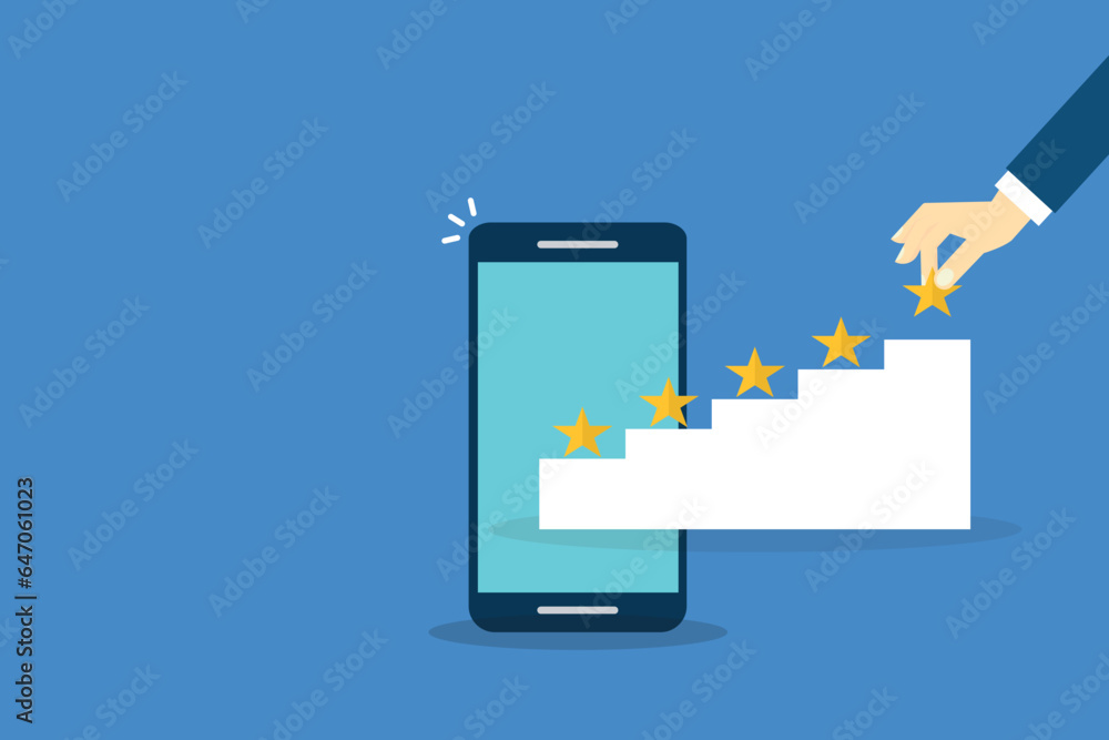 Customer Experiences Concept. Happy Client Review Five Star Rating for Online Satisfaction Surveys on a mobile phone . Positive Feedback Customer Experiences Concept. Happy Client Review Five Star Rating for Online Satisfaction Surveys on a mobile phone . Positive Feedback