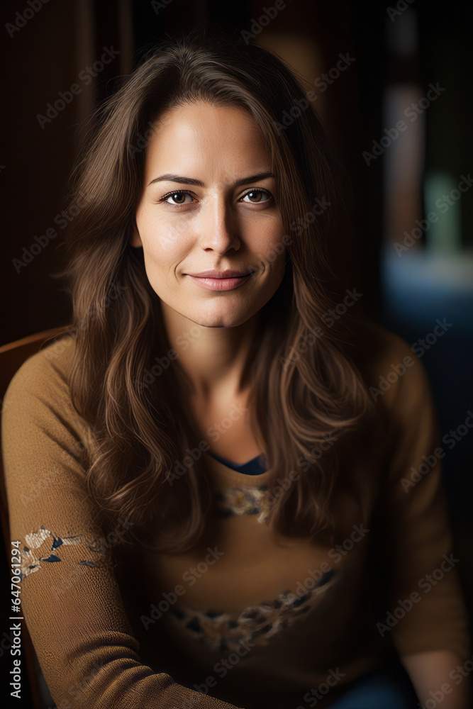 Woman with long hair sitting in chair smiling at the camera. Woman with long hair sitting in chair smiling at the camera.